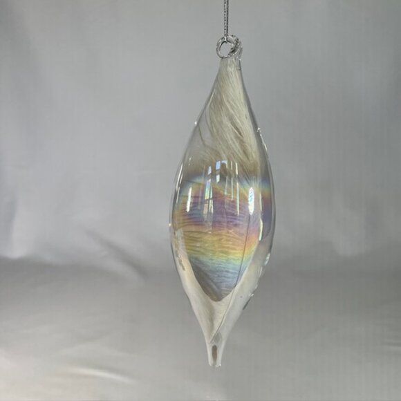 Large Vintage Blown Clear Iridescent Glass Ornament with Feather 9" Tall - Picture 1 of 8